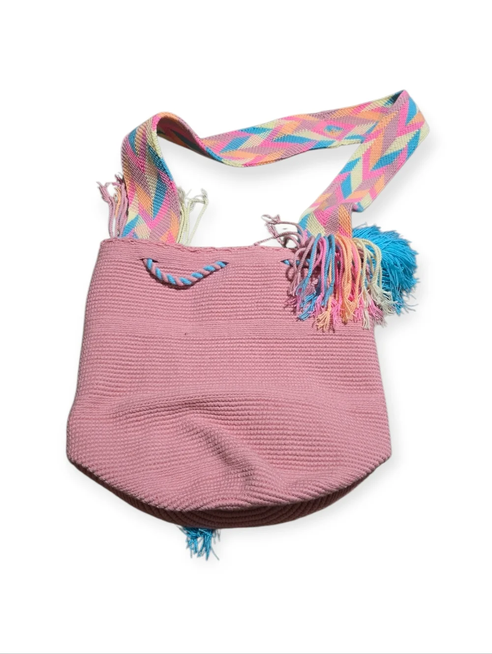 Wayuu Tribe Pink Woven Bucket Bag with Blue Tassels and Multicolor Strap